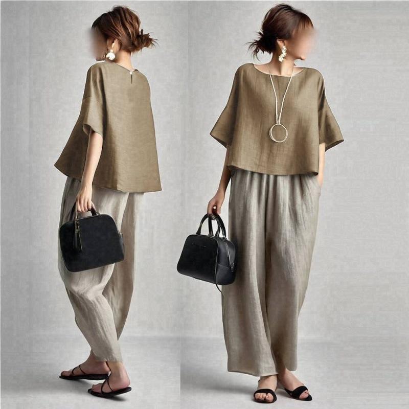 

In-Stock 2026 Summer Japanese Round Neck Top & Wide-Leg Pants Set with Side Pockets Large