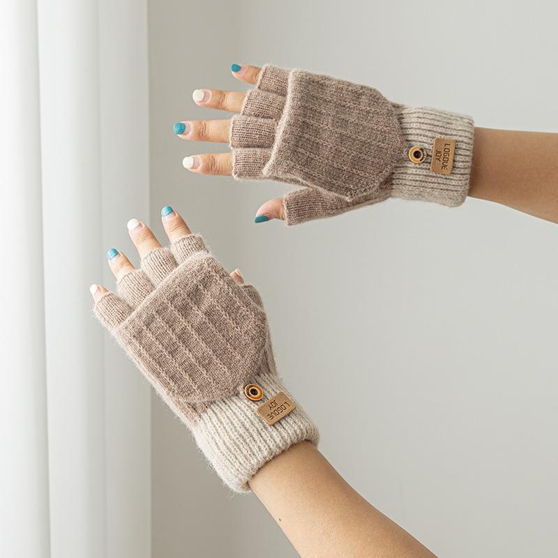 Warm Gloves Female Autumn and Winter Riding Cute Winter Student Five-finger Knitting Winter Can Be Divided