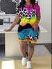 Leopard Print Splicing Women's Casual Suit Short-sleeved Shorts 1D Digital Flower Printing Fashion T-shirt Set