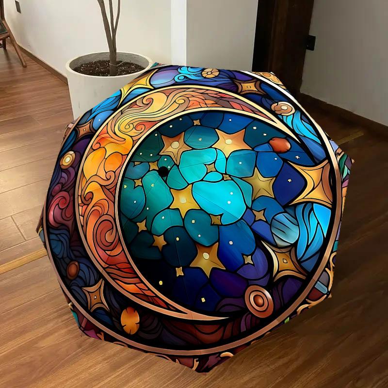 1PC Stained Glass Moon Stars Automatic Open/Close Umbrella with Windproof, 8-Rib Sturdy Canopy, Durable Ribs, Fashionable Design1371A