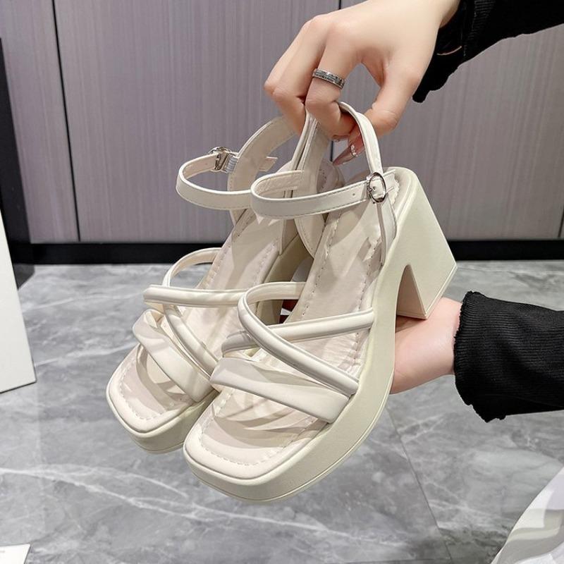 Large Size Waterproof Table Slope Heel Sandals Women's New Square Head Thin Belt Buckle Women's Shoes Wear One Word with Thick Heels High Heels