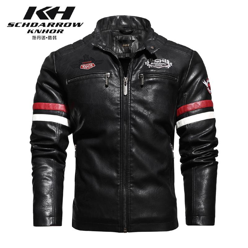 Giacca da moto in pelle da corsa autunnale e invernale da uomo Giacca da moto in tinta ricamata Giacca da uomo sottile monostrato