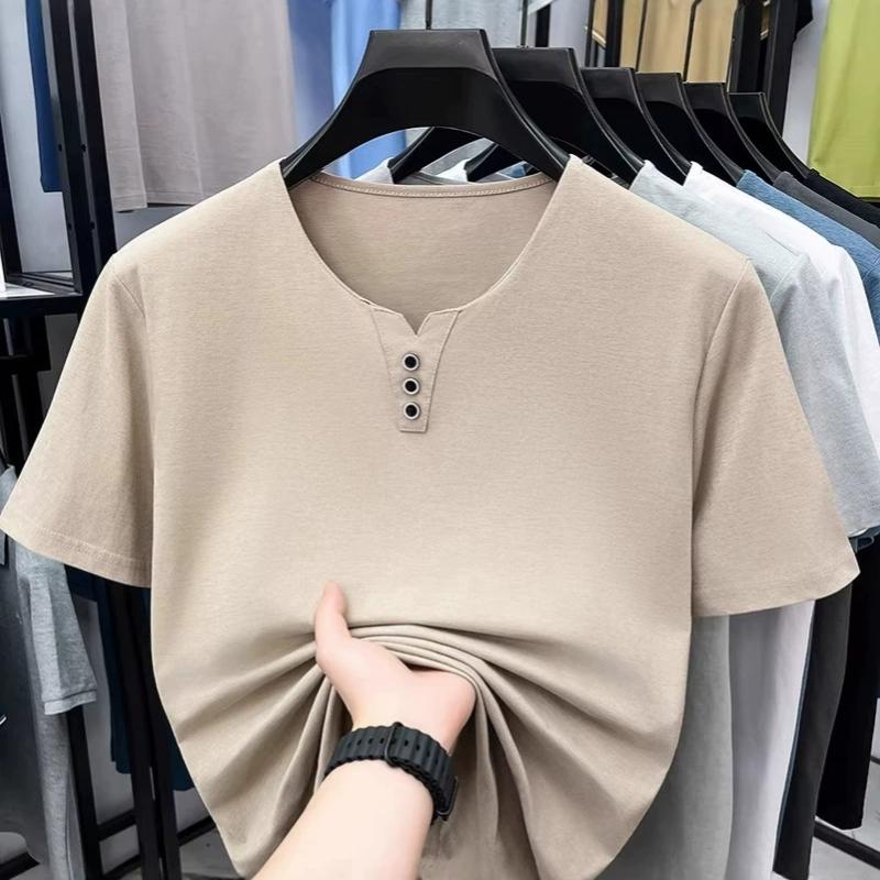 Men's Business Casual Three Button V-neck Short Sleeved T-shirt Korean Style Summer Comfortable Versatile Top
