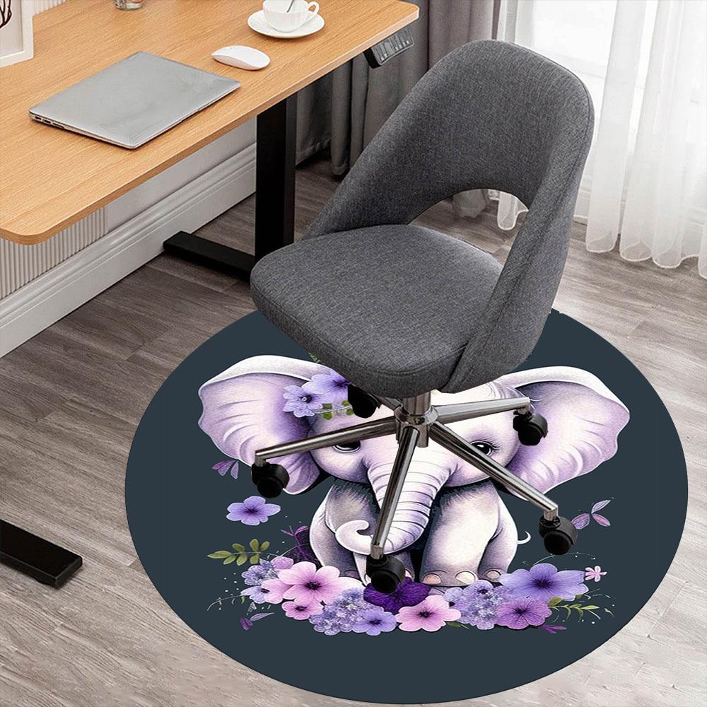 1PC Elephant Flowers Butterflies Round Chair Mat Area Rug - Non-Slip, Floor Mat for Office, Bedroom, Home Decor Christmas Gift C0528028