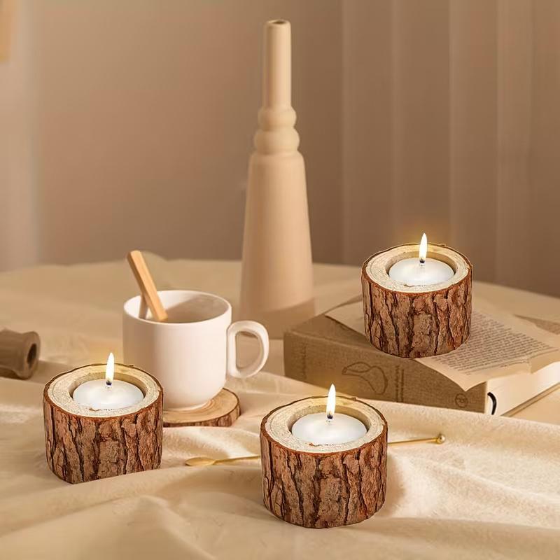 3Pcs Nordic Style Wooden Candlestick Base For Bedroom, Room Candle Decoration, Home Use, Tree Stump Candlestick Ornament