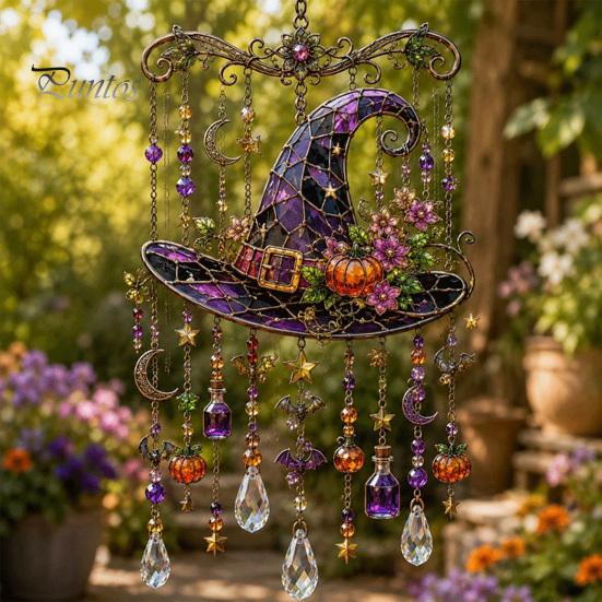 Whimsical Bat And Black Cat Decor Halloween Acrylic Wind Chime Pendant, Crystal Suncatcher Hanging Ornaments, Decorative Chimes Outdoor Window