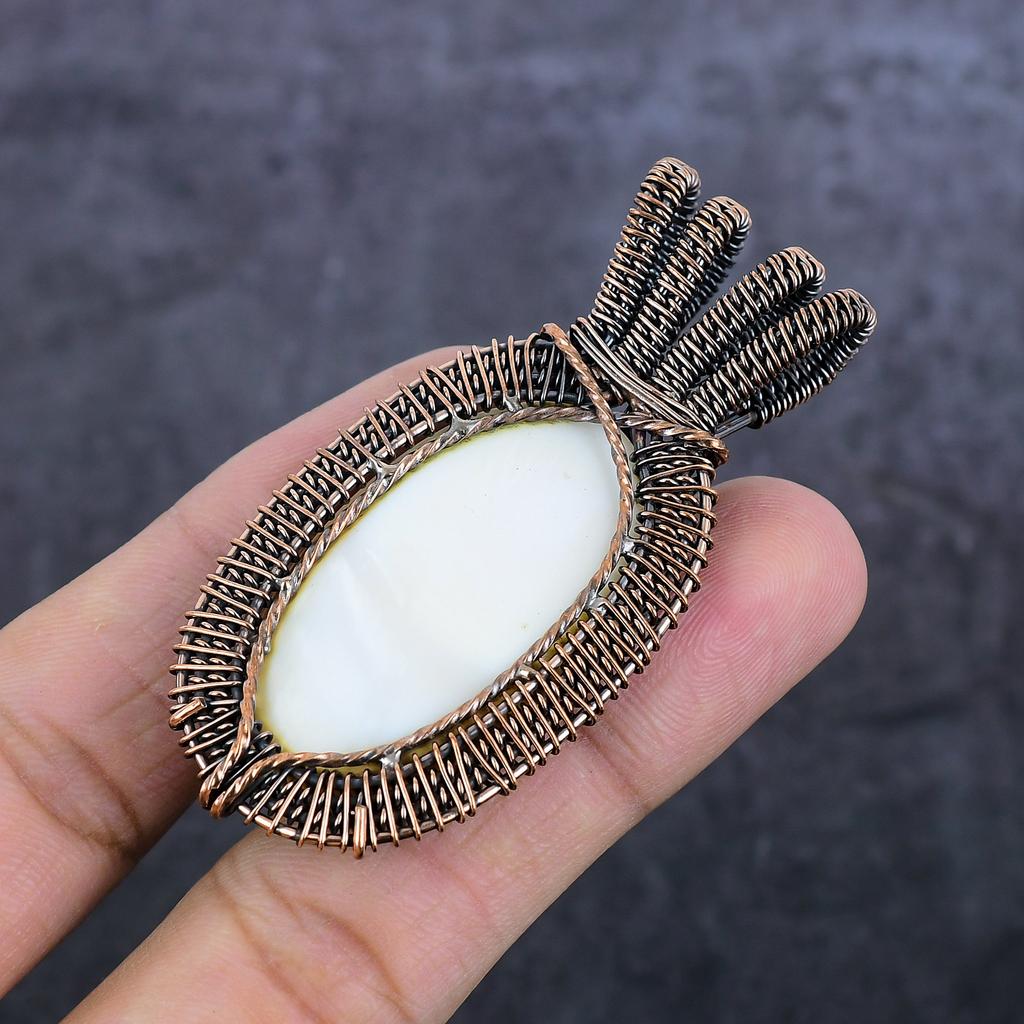 Natural Mother Of Pearl Gemstone Copper Wire Wrap Jewelry Pendant 2.68" J2U67