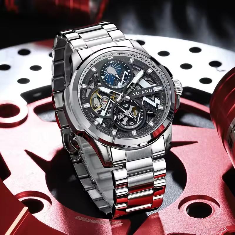 AILANG Multifunctional MenMechanical Watch Hollow Tourbillon Automatic Wristwatch Waterproof Luminous Bracelet Moon Phase Dial