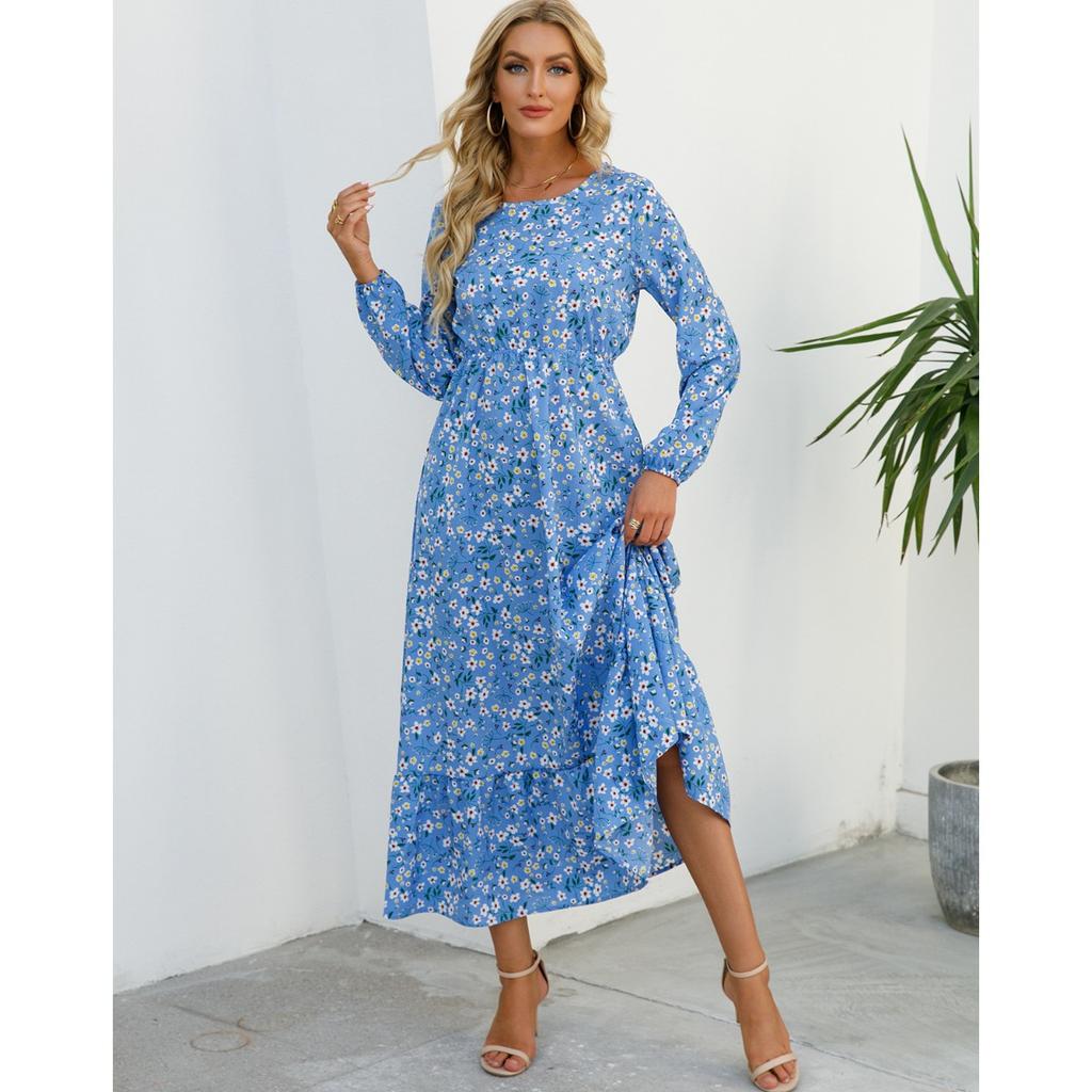 Women's Fashion Summer Spring Floral Print Long Sleeve O-Neck High Waist Casual Dresses