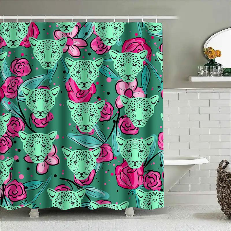 

Wildcat Rose Pattern Shower Curtain Set for Bathroom Decor Green, Pink Floral Design with Leopard Head Print Size72x84 In (180x2 90x180cm