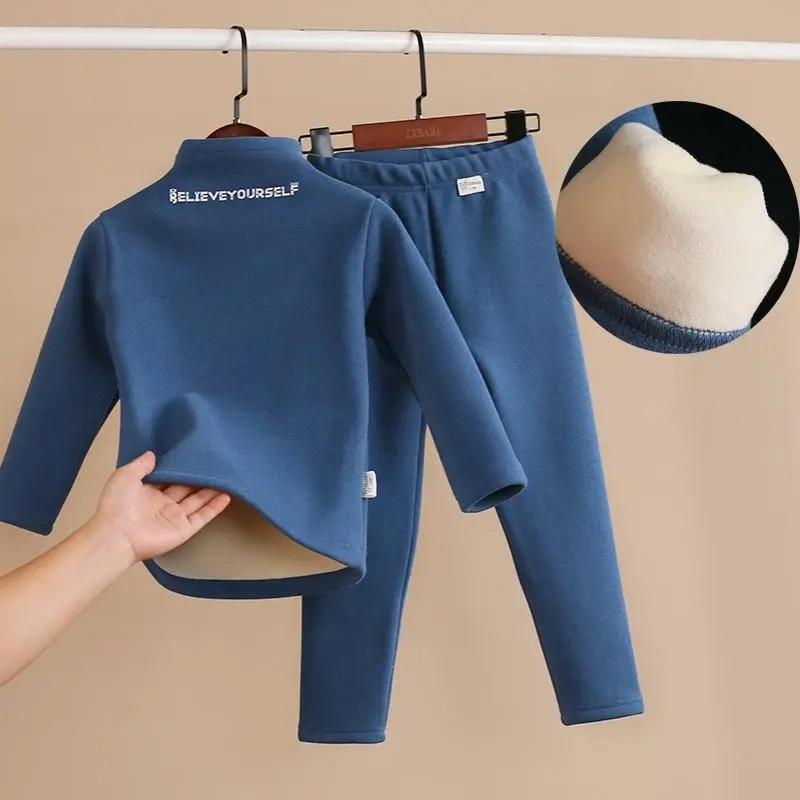 

Детский утолщенный теплый костюм из немецкого бархата с плюшем для мальчиков и девочек, футболка с высоким воротником, нижний слой, зимняя детская одежда на каждый день, осенняя одежда 90 синий