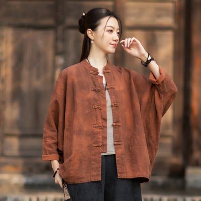 Women Vintage Shirts Tops Spring Chinese Style Button Stand Bat Sleeve Blouses Shirts