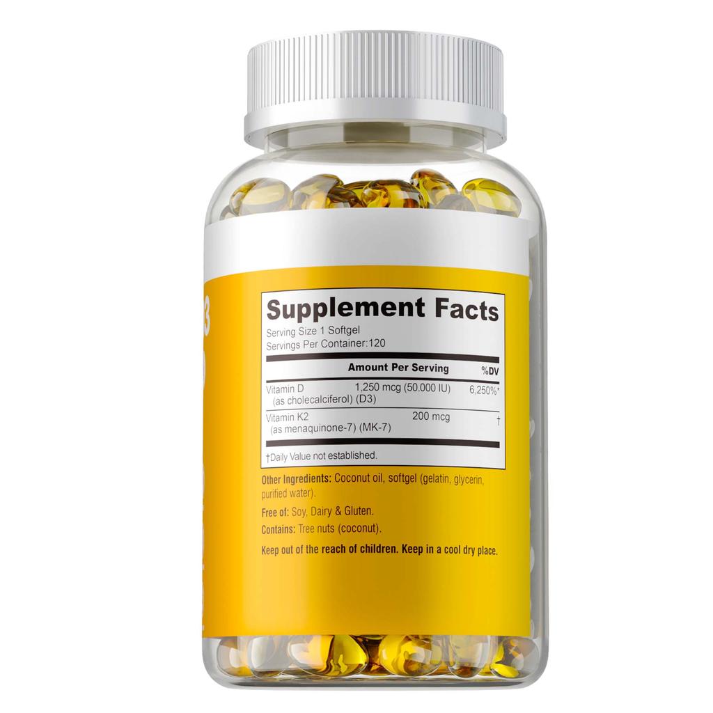 Vysoce účinný doplněk 2 v 1 vitamín D3 + K2, obsahující 50 000 IU vitamínu D3 a 200 mcg vitamínu K2 (MK-7) pro podporu zdraví kostí.