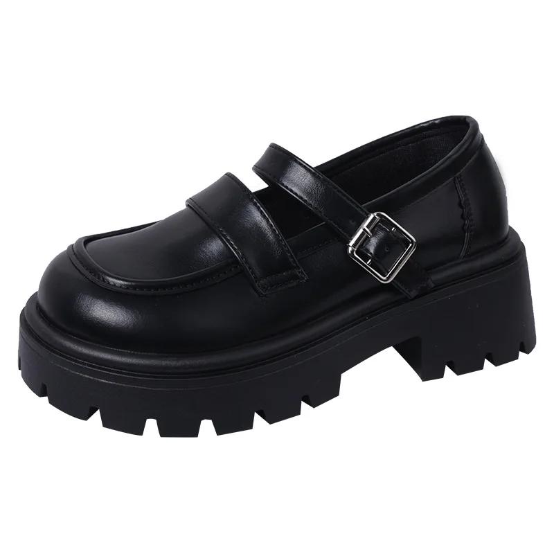 Fashion Woman Shoes Round Toe Mary Jane Chunky Loafers Platform High Heels Shoe Women Pumps PU Leather Buckle British Retro Dresses Shoe