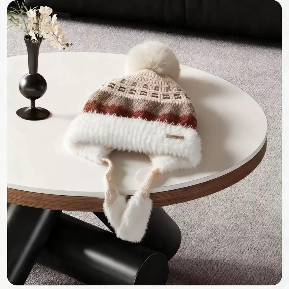 Pom Pom Ear Flap Hat Face Slimming Thick Plush Lined Hat Fair Isle Knitted Hat Outdoor Activities