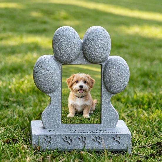 Imitation Stone Pet Tombstone with Paw Print Photo Frame Weather-Resistant Resin Memorial Stone for Dogs And Cats Engraved Base for Custom Pet