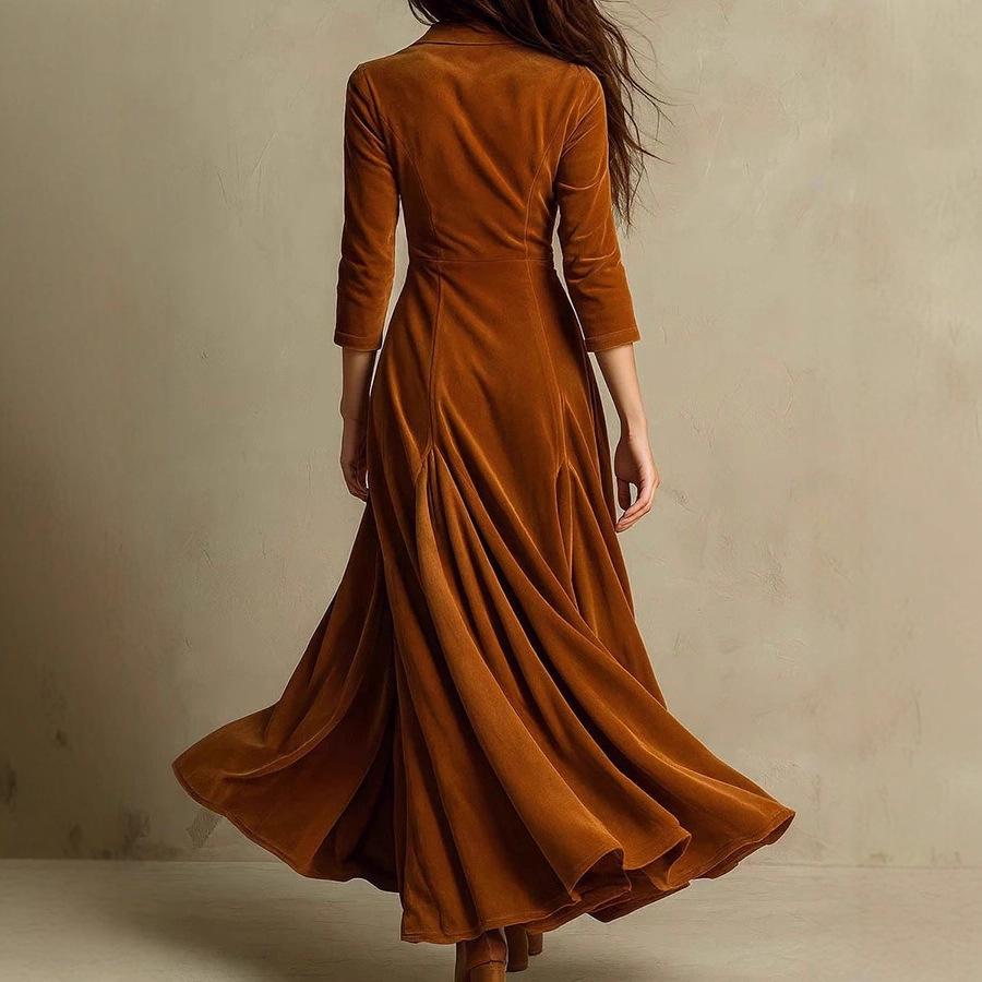 Europäische und amerikanische Damenbekleidung unabhängige Station einfarbig Knopf Revers Dreiviertelärm langes Kleid Kleid Taille Schwingrock