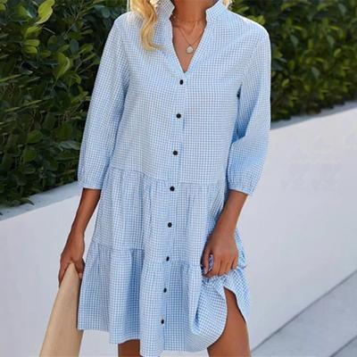 Button Down Shirt Dress for Women Casual Half Sleeve V-neck Stripe
