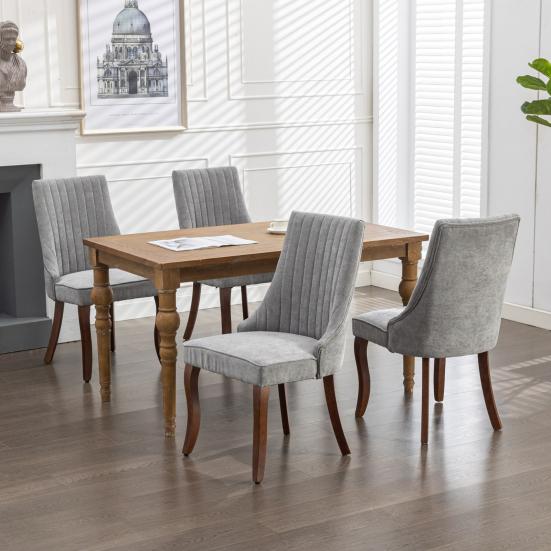 Rayon Cloth Flocking Linen Dining Chairs Channel Kitchen Dinner Chair Comfy Fabric Upholstered Accent Chair for Dining Room with Curved Solid Wood