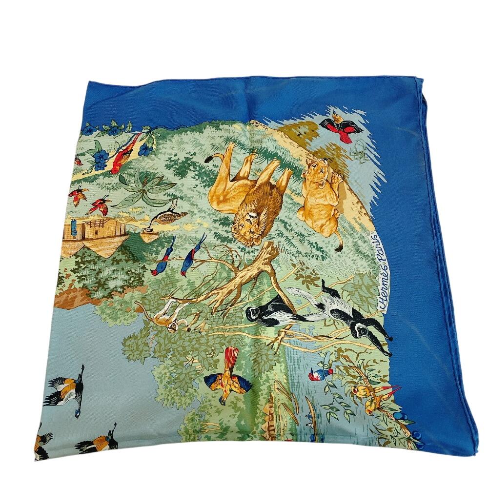 Hermes African Animal Pattern Silk Calle 90 Scarf Blue Silk Used