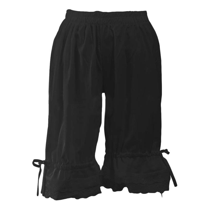 Vintage Solid Color Lantern Pants Bloomers Ruffles Lace Hem Bow Shorts Elastic Wasit Wide Leg Pant Elastic Bubble