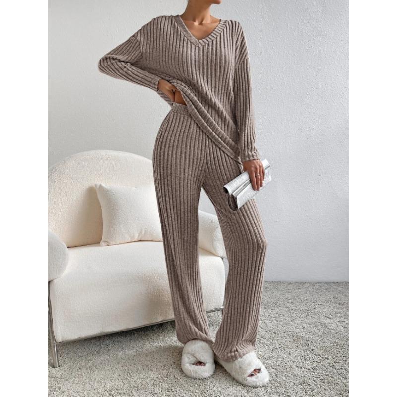 Autumn Fashion Casual Straight Leg Pants with Loose V-neck and Pit Stripe Knit Women's Two-piece Sets