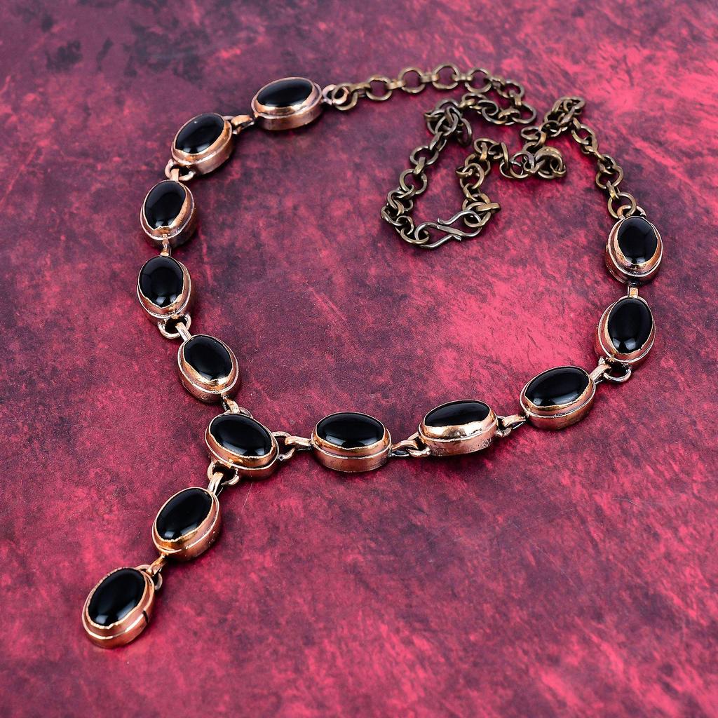 Black Onyx Real Gemstone Necklace Electroformed Copper Adjustable Chain Necklace