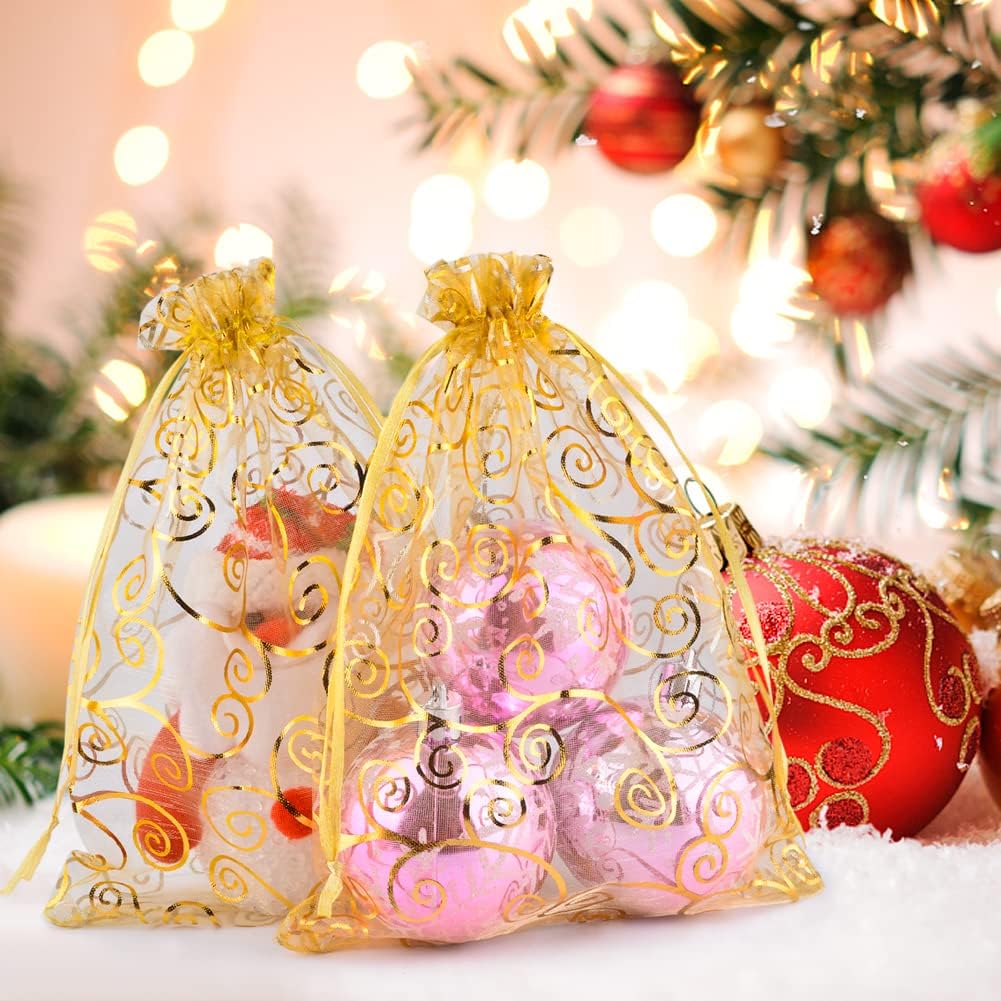 Goldene Organza-Geschenktüten mit Kordelzug Schmuckaufbewahrung Netzbeutel Süßigkeitenverpackungsbeutel Hochzeitsgeschenk Weihnachtsfeier Süßigkeitenbeutel