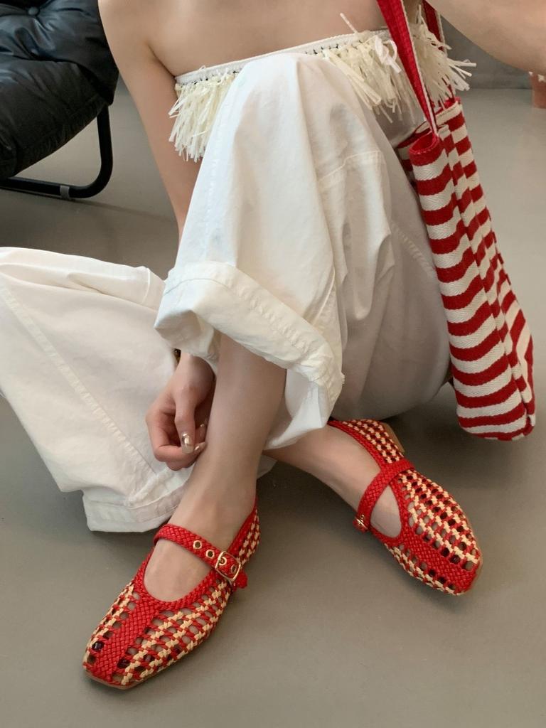 IPPEUM Mesh Ballet Flats Red Mary Janes Shoes WomenRound Toe 2025 New Pumps Flat Ballerina Shoes