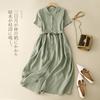 2025 summer new retro cotton and linen dress women's short-sleeved lapel tie waist solid color pendulum dress