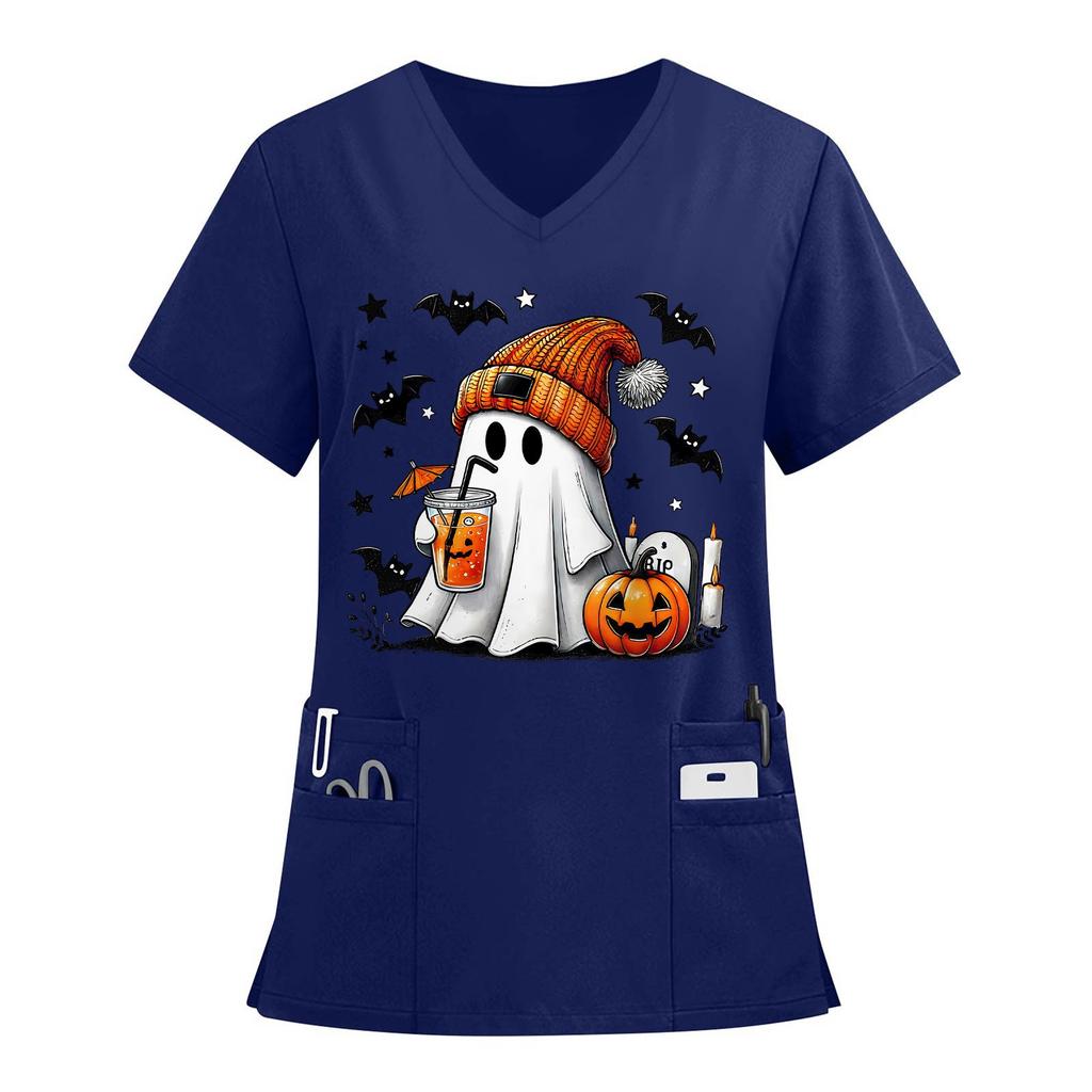 Women's V-neck Halloween Printed Short-sleeved Pocket Side-slit Protective Suit Top