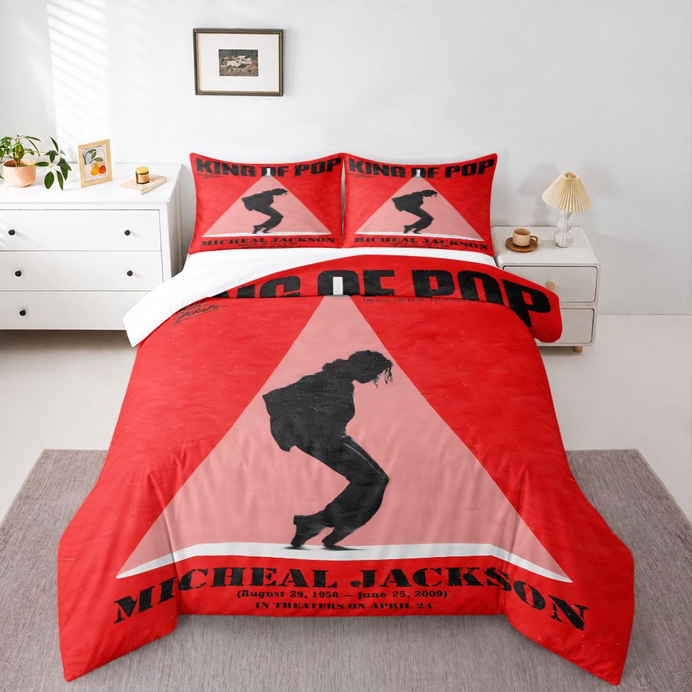 Michael Jackson King of Pop Bedding Set, Red Moonwalk Silhouette under Spotlight, Pop Duvet Cover