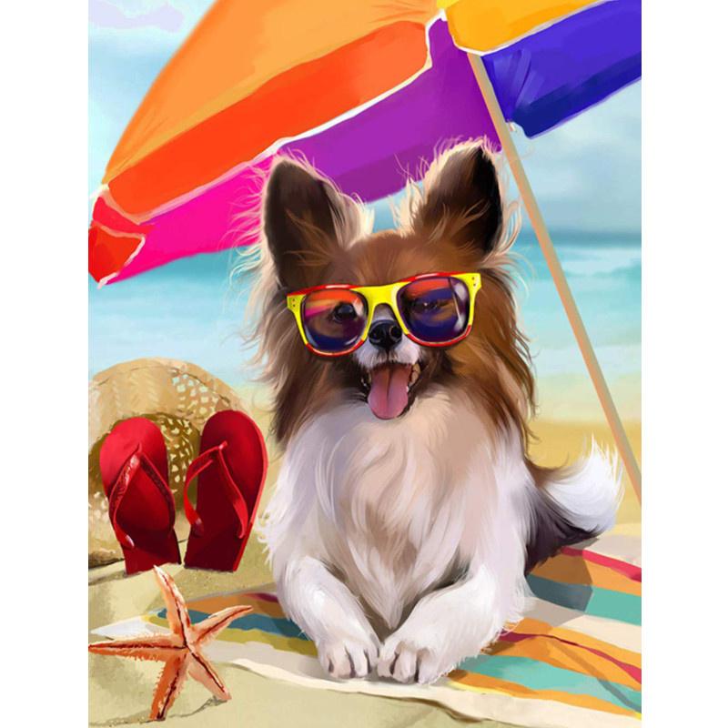 5D-Diamantmalerei zum Selbermachen, fröhlicher cooler Strandhund, Diamantstickerei, Kreuzstich-Set, voller Strass, Mosaik, Heimdekoration