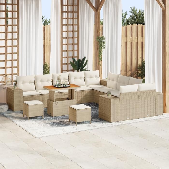 Ensemble de canapé de jardin vidaXL 13 pièces avec coussins beige en poly rotin, Ensemble de salle à manger de jardin vidaXL 3362066