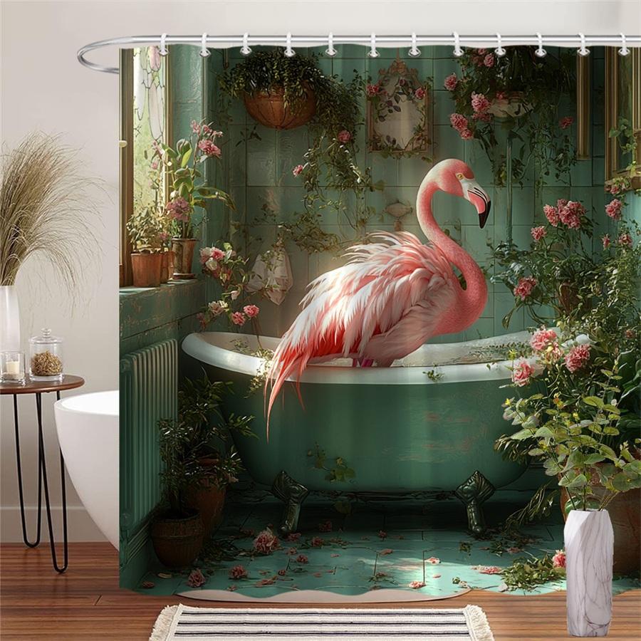 

Pink Flamingo In Bathtub Shower Curtain Waterproof Moisture Proof Privacy Protection Print Boho Garden Design Hooks Included W60H190(CM)-1 Pcs