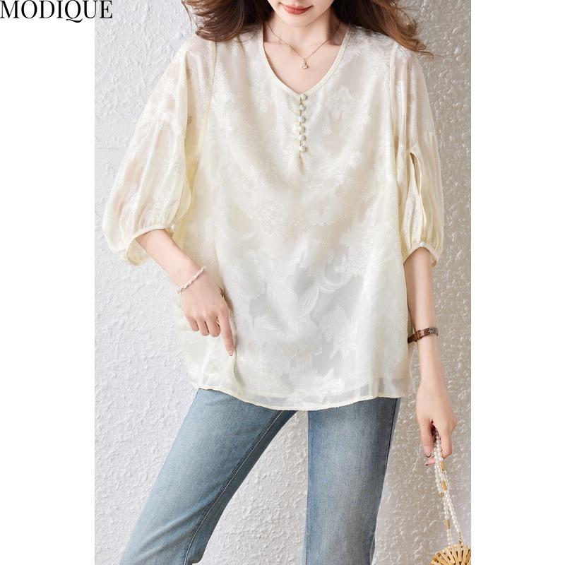 MODIQUE Spring Summer Plus Size New Women Loose Vintage Solid Minimalist Blouse Shirts Female Casual Oversize Folk Short Sleeve O-Neck Top