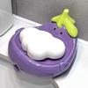 Cute Smiling Face Ceramic Soap DishOval Durable Bathroom Countertop Organizer with Drainage Holes,Purple/White Design for Soap,Toothbrushes,Toiletries
