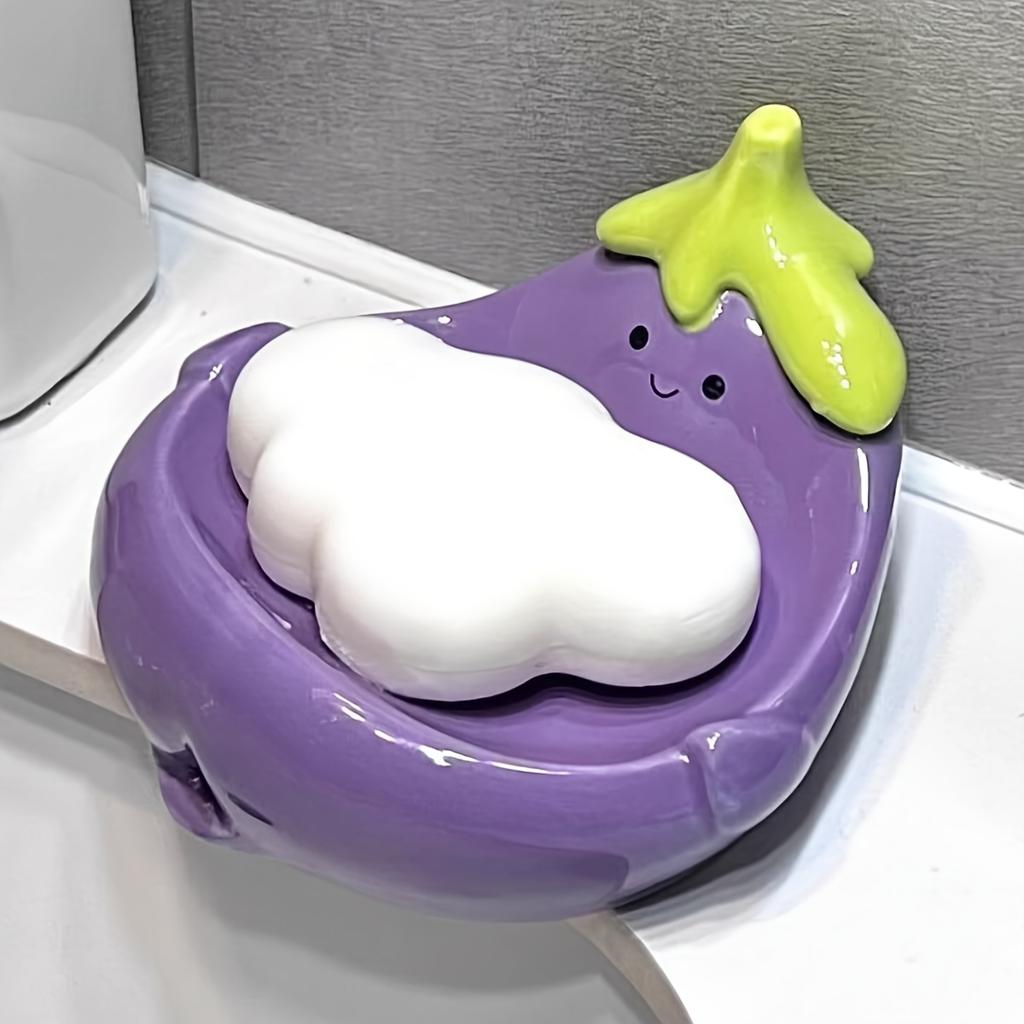 Cute Smiling Face Ceramic Soap DishOval Durable Bathroom Countertop Organizer with Drainage Holes,Purple/White Design for Soap,Toothbrushes,Toiletries