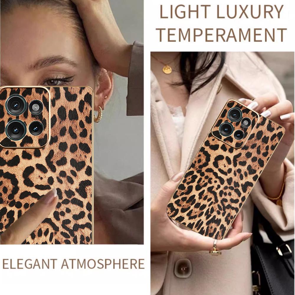 For Motorola Edge 50 5G Case Leopard Print PU Leather Coated PC + TPU Electroplating Phone Cover
