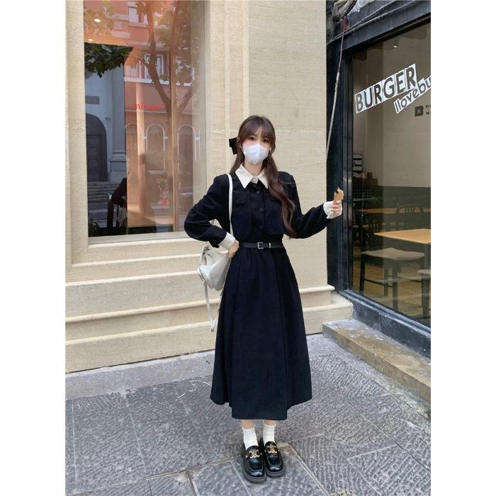 Hepburn Style Corduroy Color-block Mid-length Dress - Autumn/Winter 2025 Medium