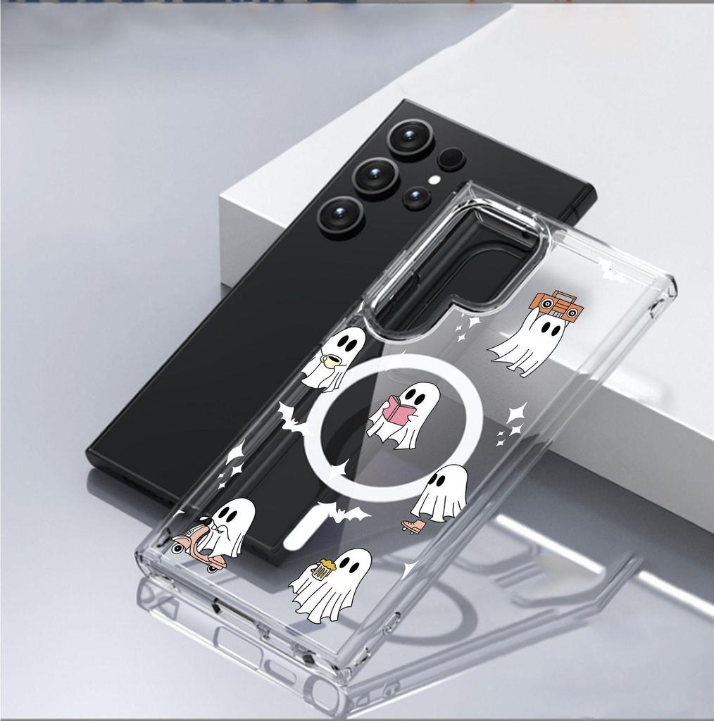 Cartoon Ghost Magnetic Transparent Full Coverage Case for iPhone 15/16/17 Pro Max