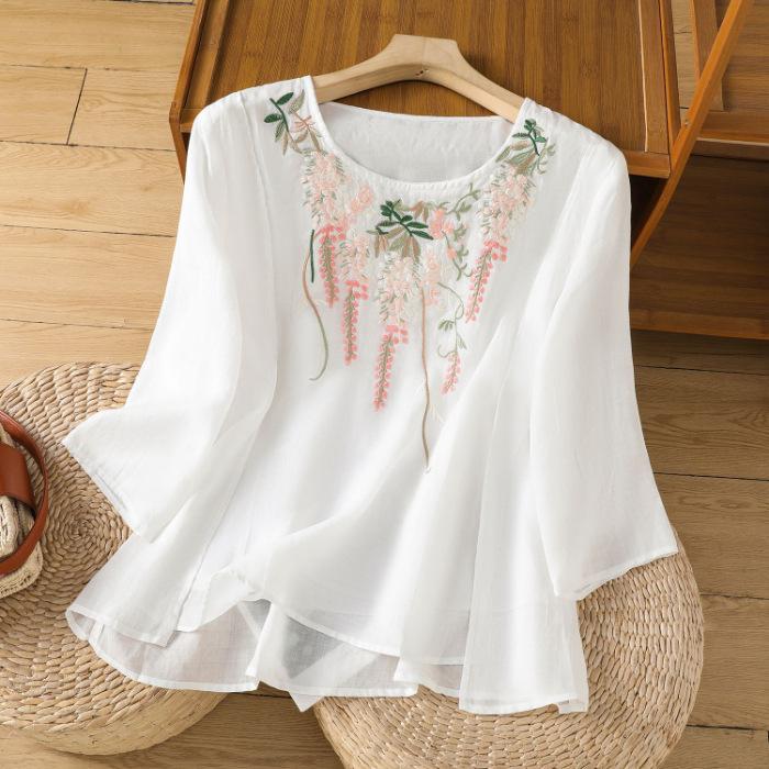 

Элегантная хлопковая свободная летняя футболка с коротким рукавом и круглым вырезом, вышитые топы для женщин, винтажные блузки XXL белый