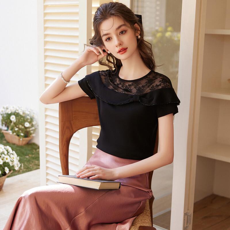 Bailuyu French Elegant Shimmer Slim Fit Short Sleeve Women's T-Shirt