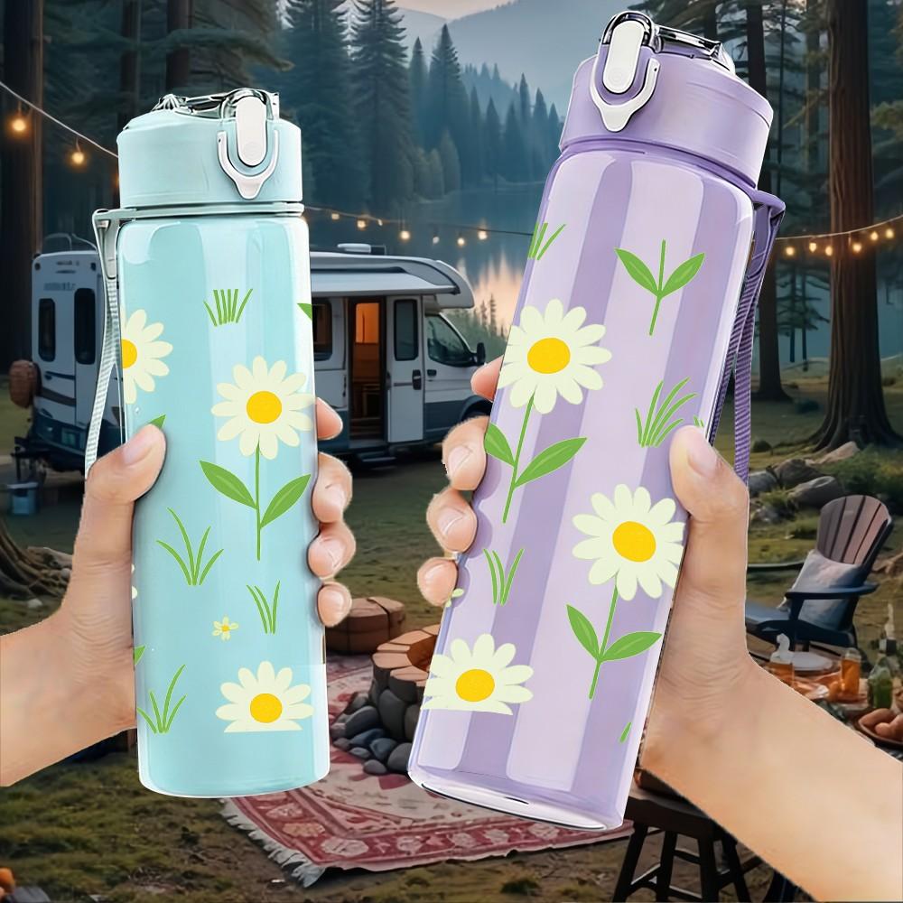 1PC Simple White Daisy Flower Group Print 750ml Color Plastic Sports Water Bottle Leakproof Flip Straw Lid Suitable for Sports Office Home Use