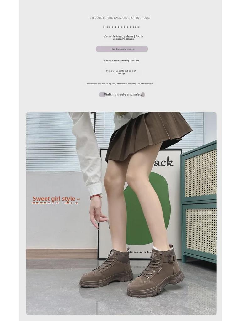 Damen Winter Wildleder Martin Stiefel - Runde Zehenpartie, Dicke Sohle, Samtfutter, Schnallendetail, Mid-Calf Stil