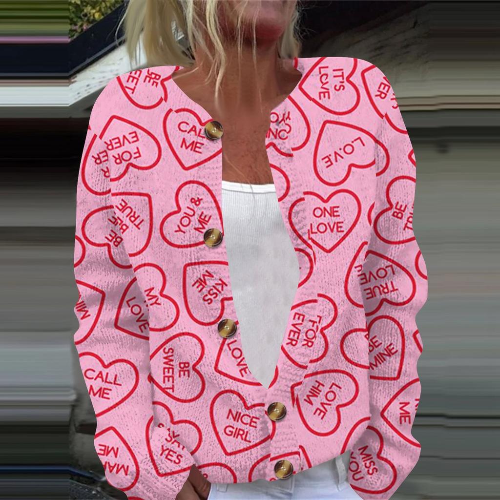 Women's Fashion Printed Valentine's Day Long Sleeved Knitted Cardigan Button Down Jacket