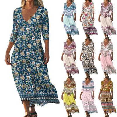 Sukienki Damskie Sukienka Midi z Tuniką w Stylu Vintage z Nadrukiem, z Wcięciem w Talii, Letnia Codzienna Sukienka z Rękawem 3/4