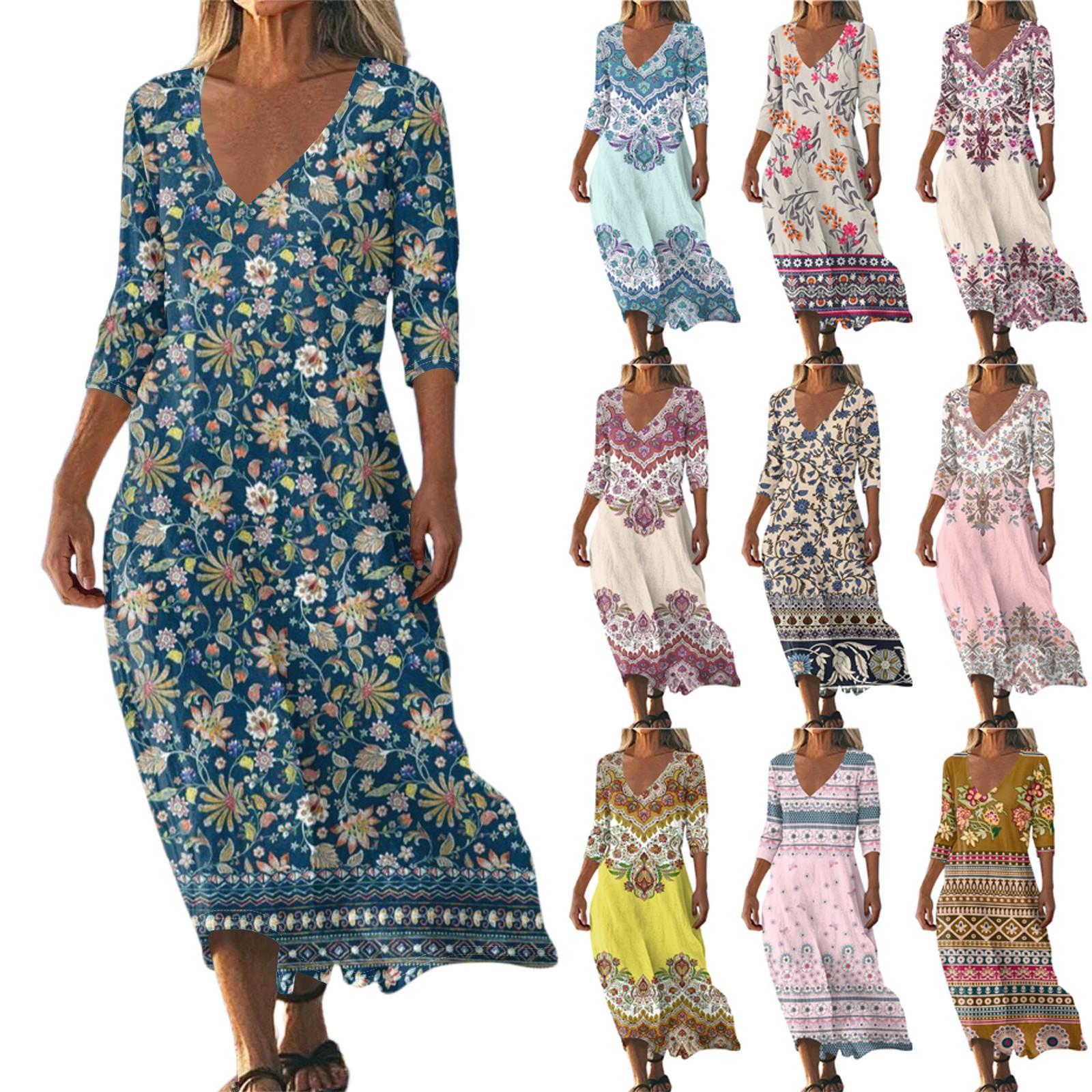 

Dresses For Womens Vintage Print Tunic Waisted Midi Dress Summer Casual 3/4 Sleeve Dress M рожевий