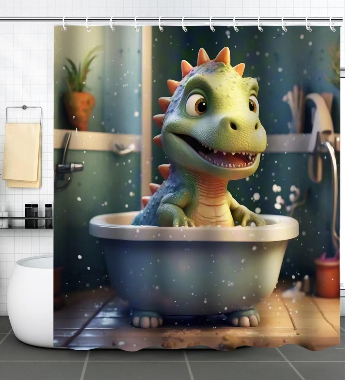 Dinosaur Bathroom Shower Curtain,Kid s Bathroom Set Curtain with Cute Cartoon Dinosaur Curtain Waterproof Fabric 90x180CM