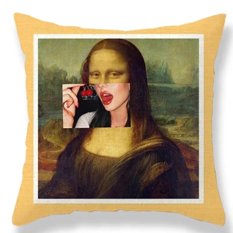 Oil Painting Portrait Decorative  Linen Cushion Cover Mona Lisa Print Pillow Case For Sofa Chair Home Decor Gift 45x45cm